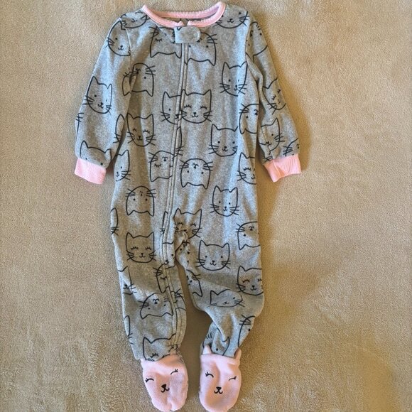 CARTER'S Baby Girl's FLEECE FOOTED ZIPPER SLEEPER Cat Pattern in color Gray - Picture 1 of 2